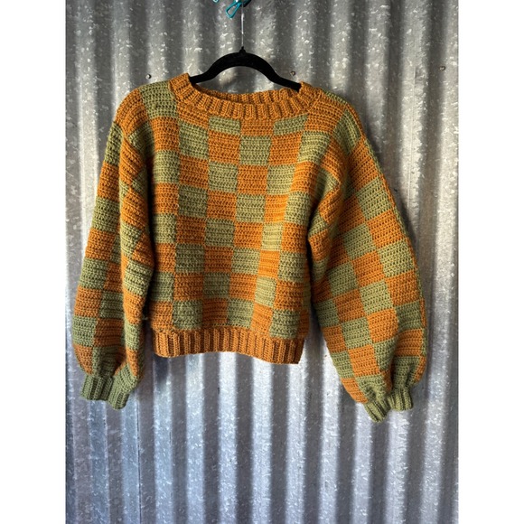 Handmade Sweaters - Vintage Handmade Crochet Knit Checkerboard Sweater Orange Green Balloon Sleeve